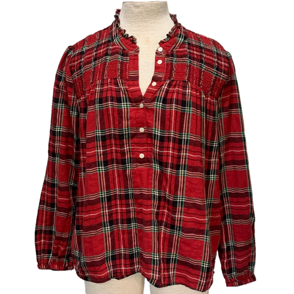 J. Crew Red Plaid Smocked Yoke Button Front Blouse
